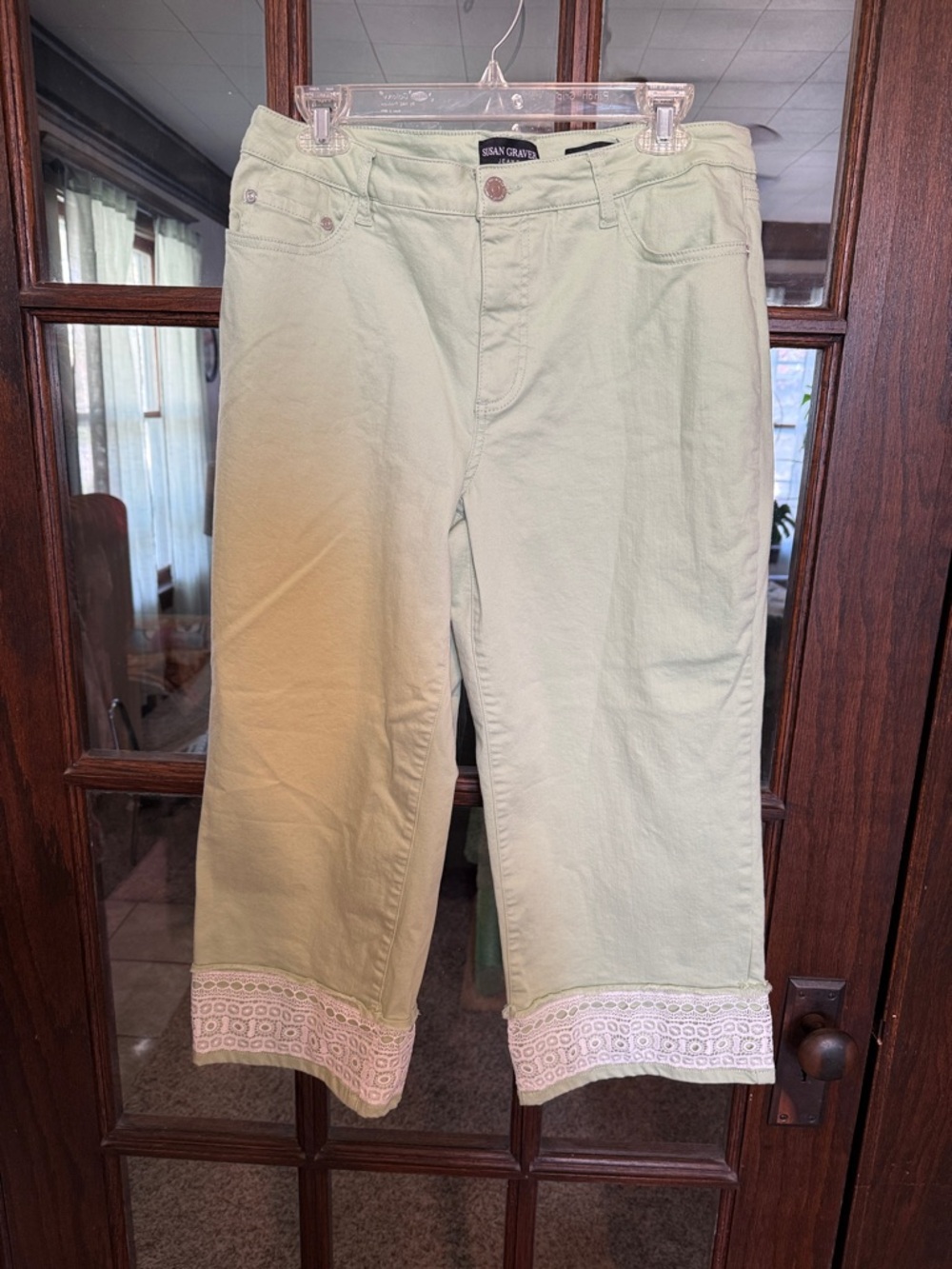 Susan Graver Sage Green Straight Leg Lace Trim Cropped‎ Jeans Womens 14P Petite